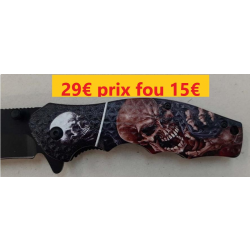 Couteau pliant OUVERTURE ASSISTÉE Tête de Mort Marron Rouge 20 cm Lame 8,5 cm Fermé 11,5 cm   144C-2