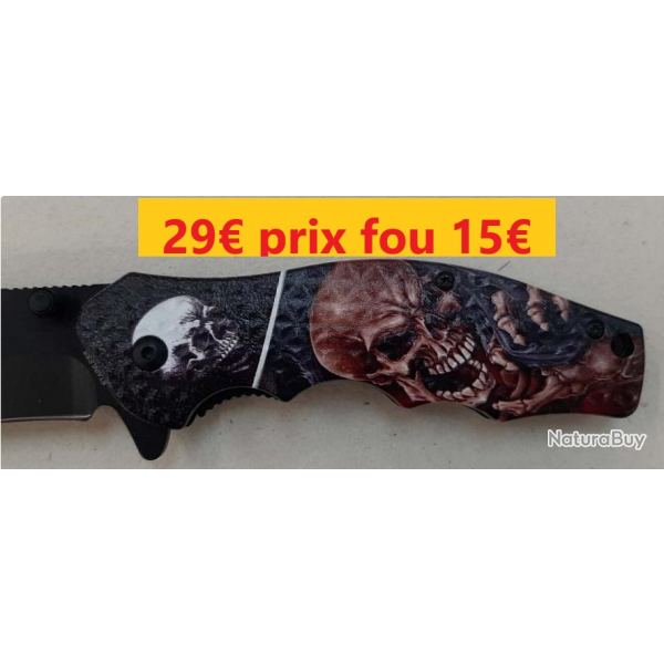 Couteau pliant OUVERTURE ASSISTE Tte de Mort Marron Rouge 20 cm Lame 8,5 cm Ferm 11,5 cm   144C-2