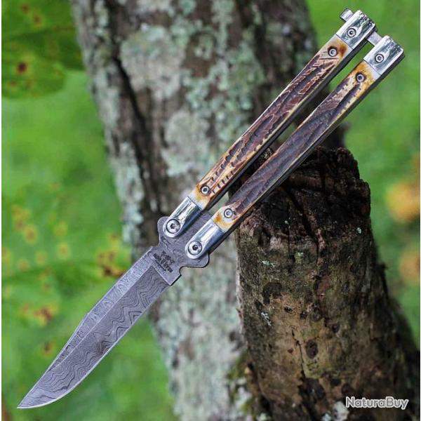 Couteau Butterfly Balisong Lame Damas 128 Couches Manche Os Bear & Son Made In USA BC517D