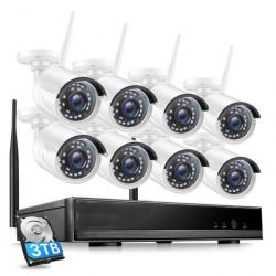 Kit vidéosurveillance Wifi 1080p - 8CH NVR avec 8 caméras IP + HDD 3To - LIVRAISON GRATUITE