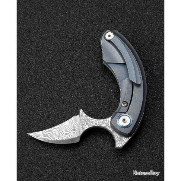 BTKT2103I Bestech Knives Strelit Damascus Blade Blue Titanium Handle Framelock Clip
