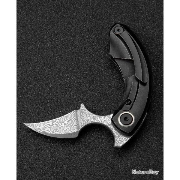 BTKT2103H Bestech Knives Strelit Damascus Blade Black Titanium Handle Framelock Clip
