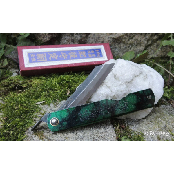 Couteau Higonokami Blue Paper Steel Jade Manche Mtal Made Japan HIGOCJB