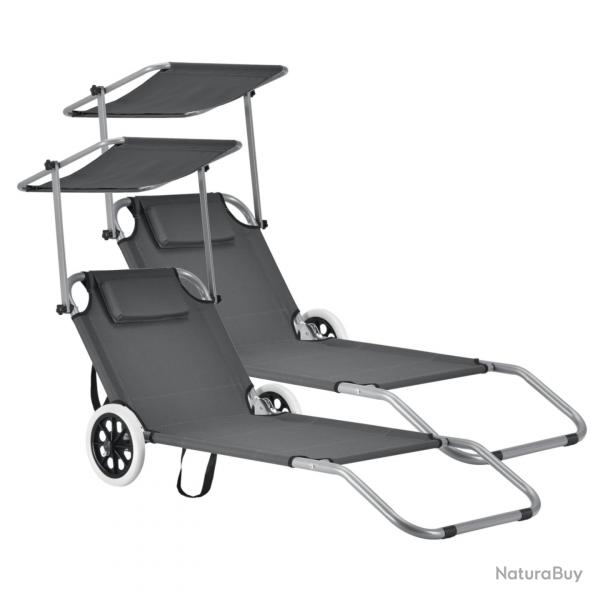 Lot de 2 transat avec brise-soleil et avec roulettes bain de soleil polyester et acier revtu par p