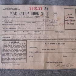 WW2 US CARNET DE RATIONNEMENT AMÉRICAIN " WAR RATION BOOK THREE " PERSONNALISÉ 1943 N°350123