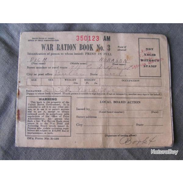 WW2 US CARNET DE RATIONNEMENT AMRICAIN " WAR RATION BOOK THREE " PERSONNALIS 1943 N350123