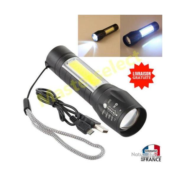 Lampe torche  main de poche rechargeable sur USB puissante forte COB XPE