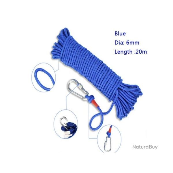 Corde Aimant de pche en nodyme avec anneau de levage magntique bleu 20m