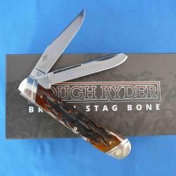 Couteau Rough Ryder Trapper Brown Stag Bone 2 Lames Acier 440 Manche Os Boite Collector RR1789
