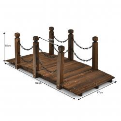 Pont de jardin classique en sapin carbonisé avec chaînes de sécurité inox pour ruisseau jardin cour