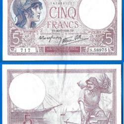 France 5 Francs 1939 20 Juillet Violet Billet Franc Frcs Frc Frs