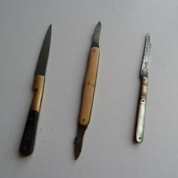 Beau lot de trois couteaux anciens des années 10 au années 50, vendu en l'état