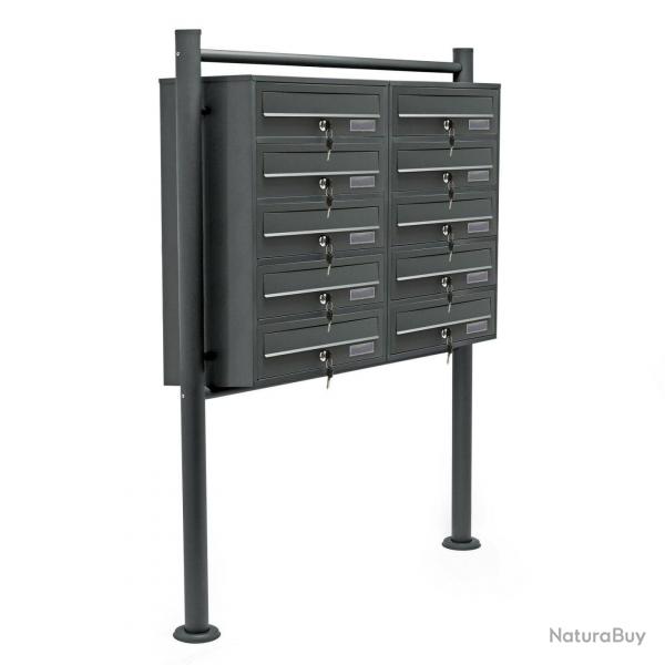 Bloc 10 boites aux lettres 2x5 compartiments superposs pied de support acier galvanis anthracite