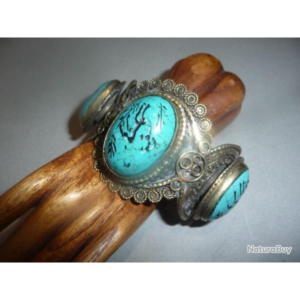 vintage - bracelet Afghanistan bronze cisel - intaglio sur turquoises