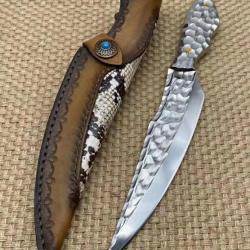 Couteau de chasse à lame fixe en acier 10Cr15Mov de haute qualité - Etui Cuir et serpent