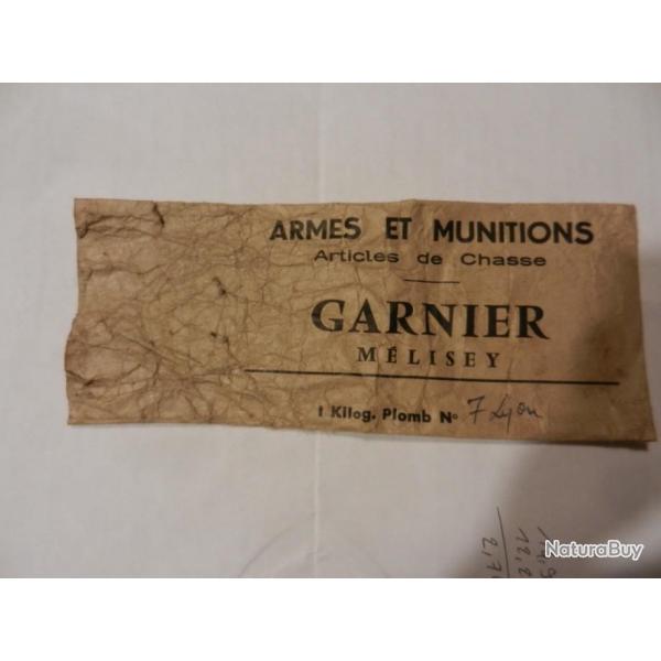 ancien petit sac papier vide -plombs pour fusil de chasse - armes et munitions Garnier  Mlisey