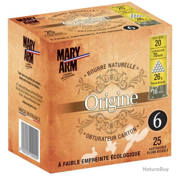 BTE 25 CART. PLOMB NICKEL MARY ARM ORIGINE CAL. 20 / 70 MM N 6 26G BOURRE NATURELLE