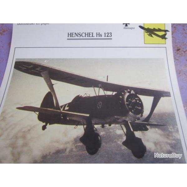 FICHE  AVIATION  TYPE BOMBARDIER EN PIQUE    /  HENSCHEL  Hs  123   /   ALLEMAGNE