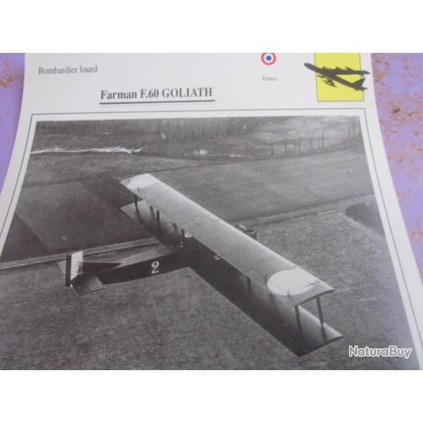 FICHE  AVIATION  TYPE BOMBARDIER  LOURD     /   FARMAN  F 60  GOLIATH   FRANCE