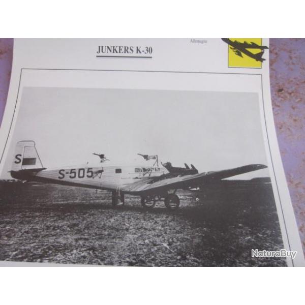 FICHE  AVIATION  TYPE BOMBARDIER  MOYEN  /   JUNKERS K 30   ALLEMAGNE