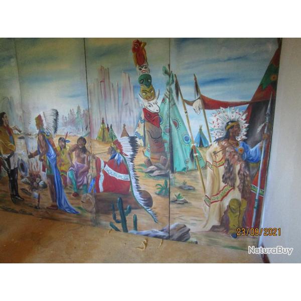 Fresque de Buffalo Bill et Chef Indien, ancien dcor de mange, 6 m X0.90 en panneaux, Muse