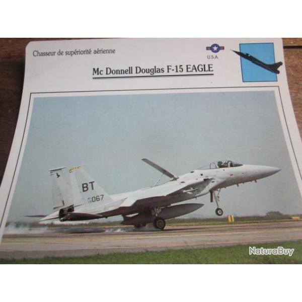 FICHE  AVIATION  TYPE  CHASSEUR  DE SUPERIORITE  AERIENNE  /  Mc  DONNELL DOUGLAS F 15 EAGLE    USA
