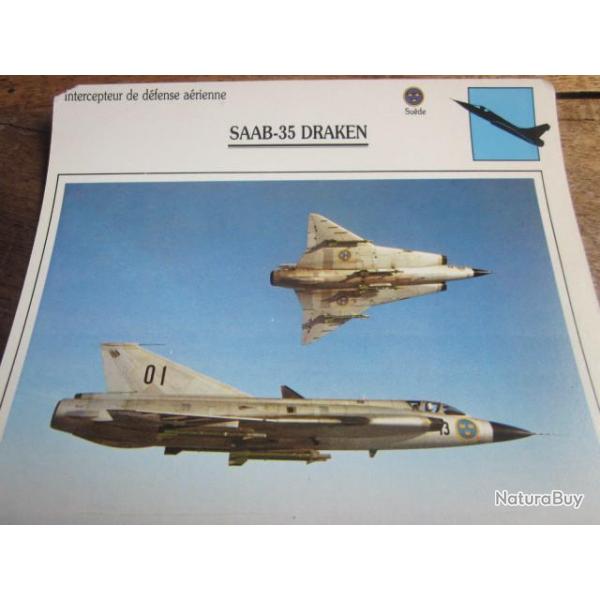 FICHE  AVIATION  TYPE  CHASSEUR  INTERCEPTEUR  DEFENSE AERIENNE  /  SABB 35 DRAKEN  SUEDE