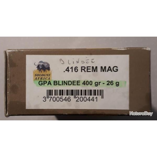 1 boite 416 Rem Mag GPA blinde + 3 balles en GPA