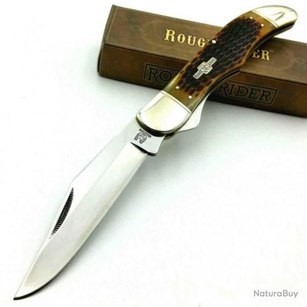 Couteau de Chasse Pliant Manche Os Lame Acier 440 Linerlock Rough Rider RR854