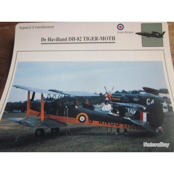 FICHE  AVIATION  TYPE  APPAREIL  D ENTRAINEMENT   /  DE HAVILLAND DH 82 TIGER MOTH  G BRETAGNE