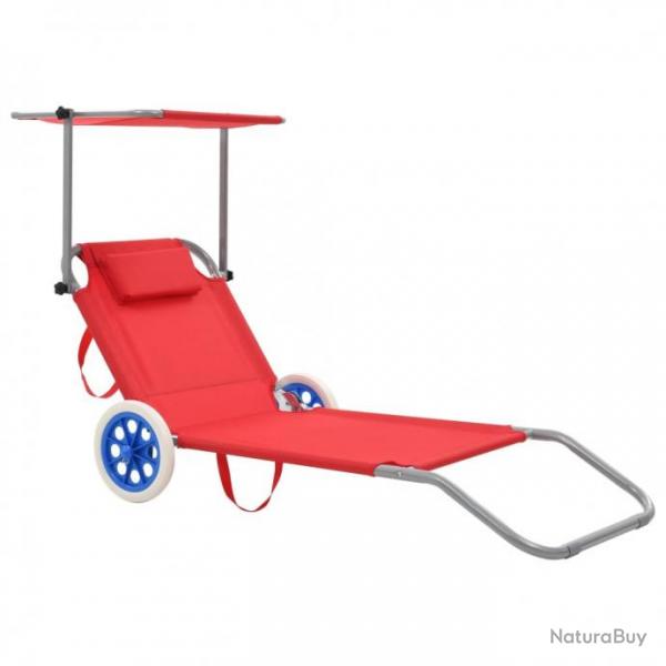 Chaise longue pliable avec auvent et roues Acier Rouge 44324