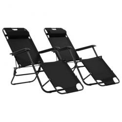 Chaises longues pliables 2 pcs avec repose-pied Acier Noir