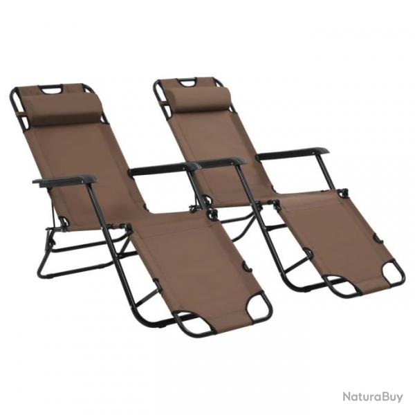 Chaises longues pliables 2 pcs avec repose-pied Acier Marron 44346