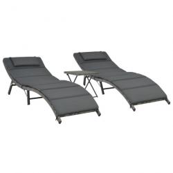 chaises longues pliables 3 pcs Résine tressée Gris 44815