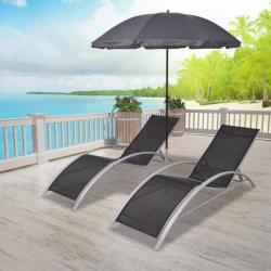 Chaises longues et parasol Aluminium Noir 42161