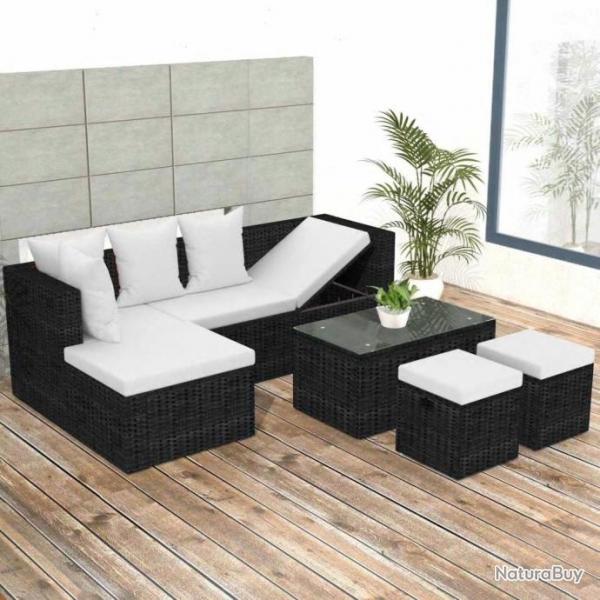 Salon de jardin 4 pcs avec coussins Rsine tresse Noir 42586