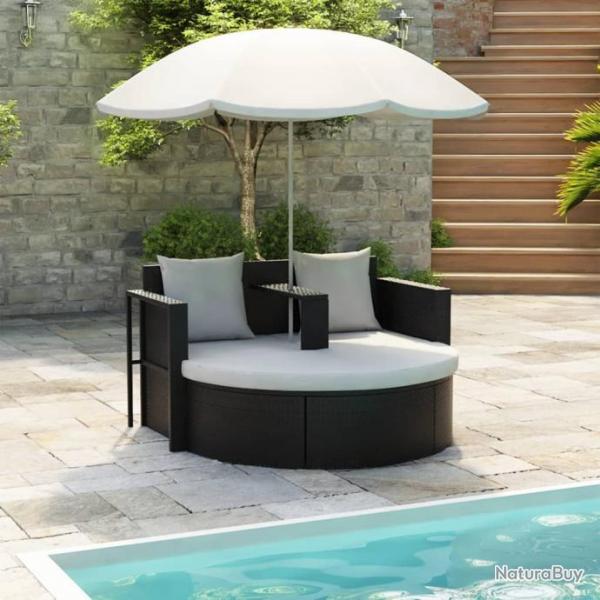 Lit de jardin avec parasol Noir Rsine tresse 40735