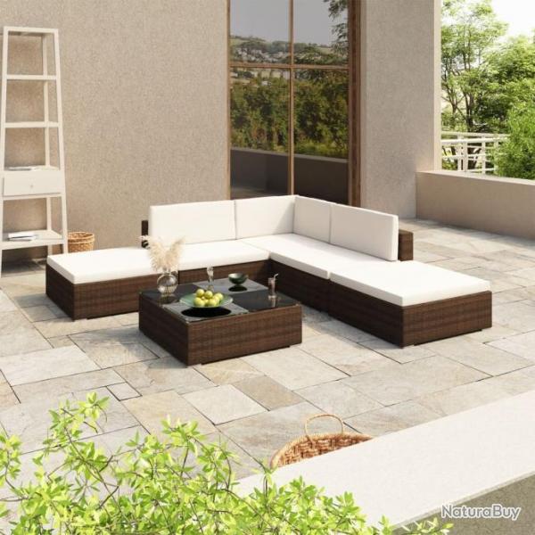 Salon de jardin 6 pcs avec coussins Rsine tresse Marron 41256