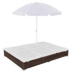 Chaise longue d'extérieur avec parasol Résine tressée Marron 42949