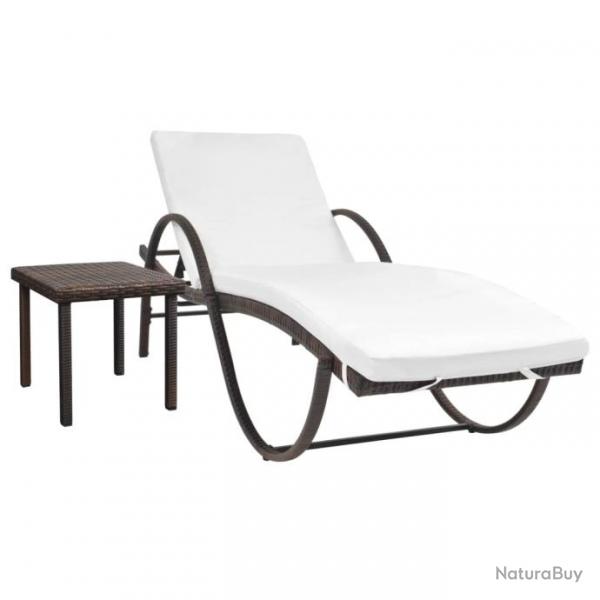 Chaise longue avec coussin et table Rsine tresse Marron 42885