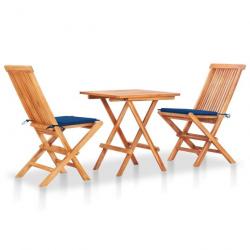 bistro 3 pcs avec coussins bleu royal Bois de teck 3063235