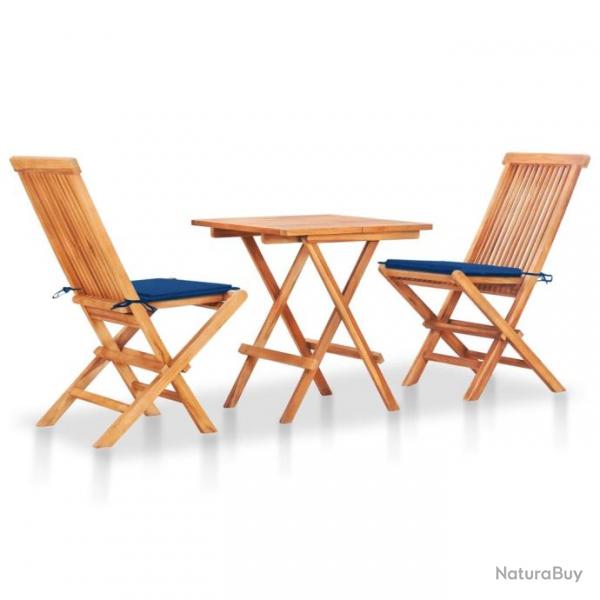 bistro 3 pcs avec coussins bleu royal Bois de teck 3063235