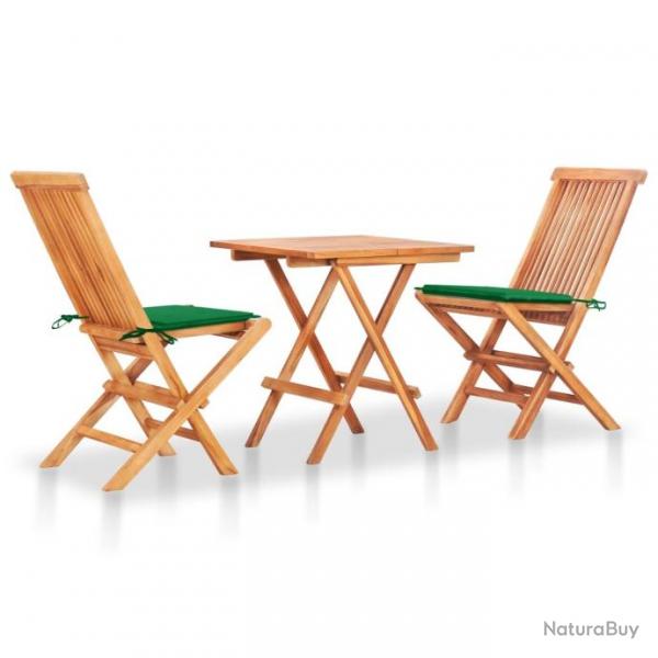 bistro 3 pcs avec coussins vert Bois de teck massif 3063230