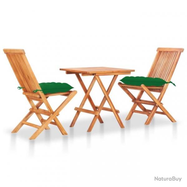 bistro 3 pcs avec coussins vert Bois de teck massif 3063245