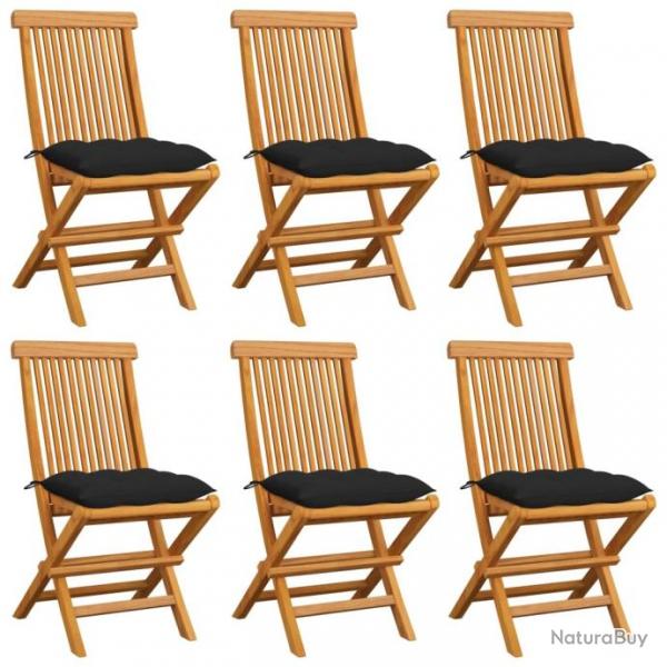 Chaises de jardin avec coussins noir 6 pcs Bois de teck massif