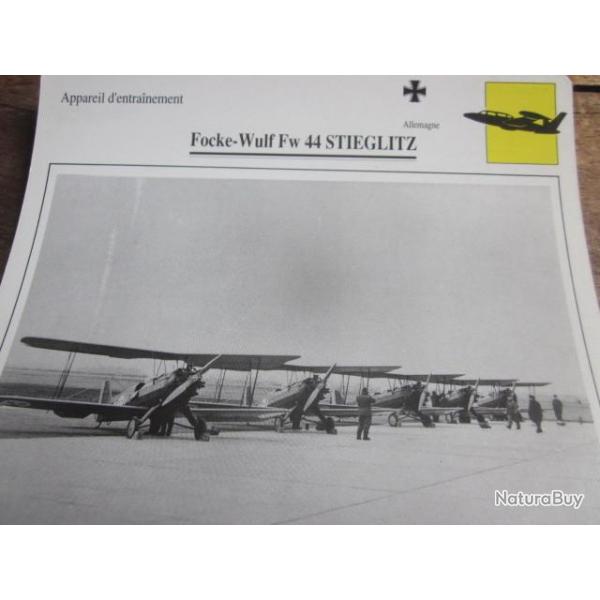 FICHE  AVIATION  TYPE  APPAREIL  D ENTRAINEMENT   / FOCKE WULF  Fw 44  STIEGLITZ  ALLEMAGNE