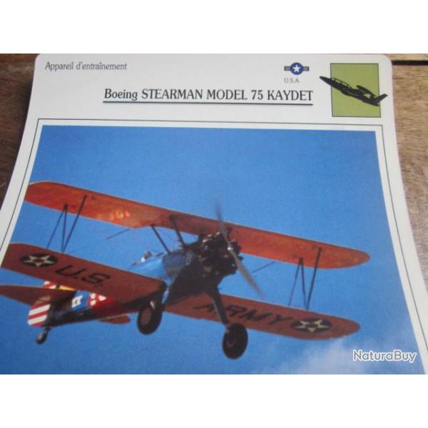 FICHE  AVIATION  TYPE  APPAREIL  D ENTRAINEMENT   / BOEING STEAMAN MODEL 75 KAYDET  USA