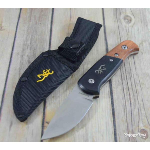 Couteau de Chasse Browning Hunting/Skinning Lame Acier Inox Manche Bois Etui Nylon BR0373