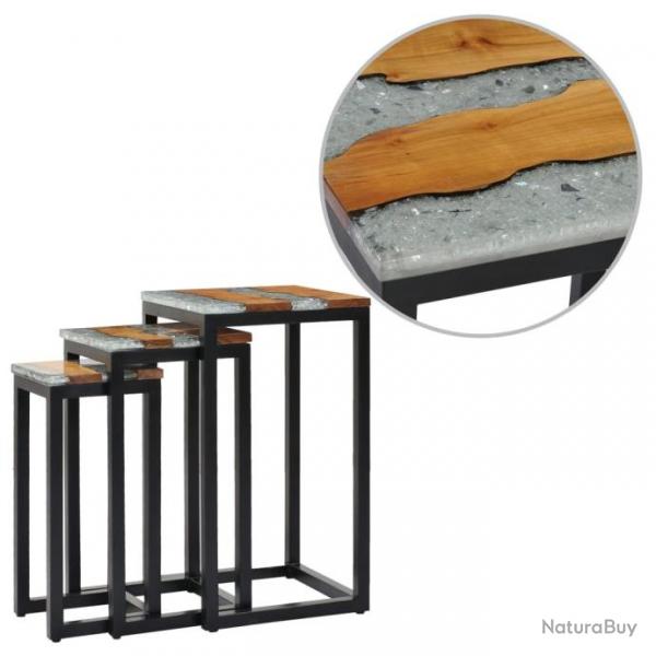 Tables gigognes 3 pcs Bois de teck massif et polyrsine