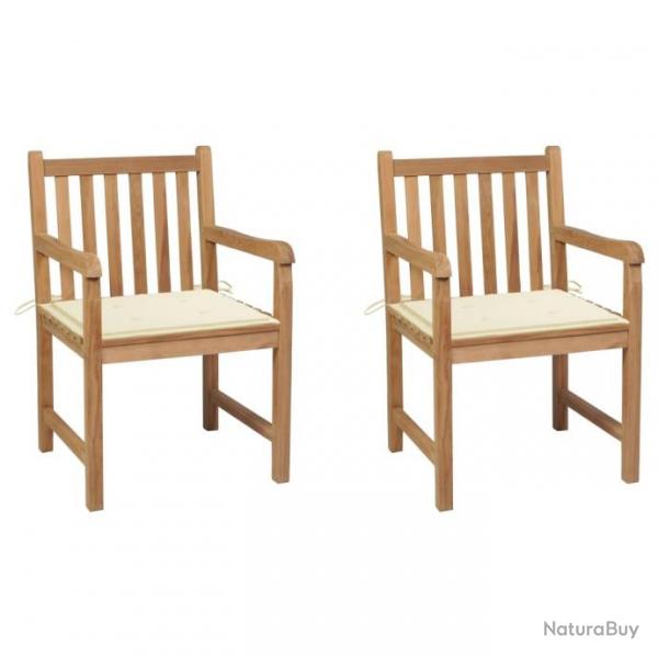 Chaises de jardin 2 pcs avec coussins crme Bois de teck massif